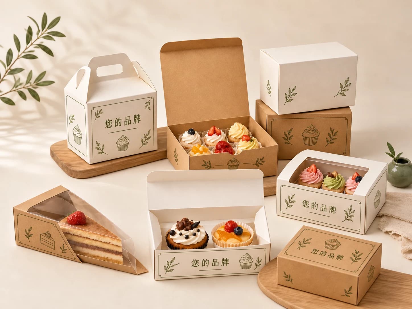 甜點盒提盒與開窗盒外側的品牌印刷示意