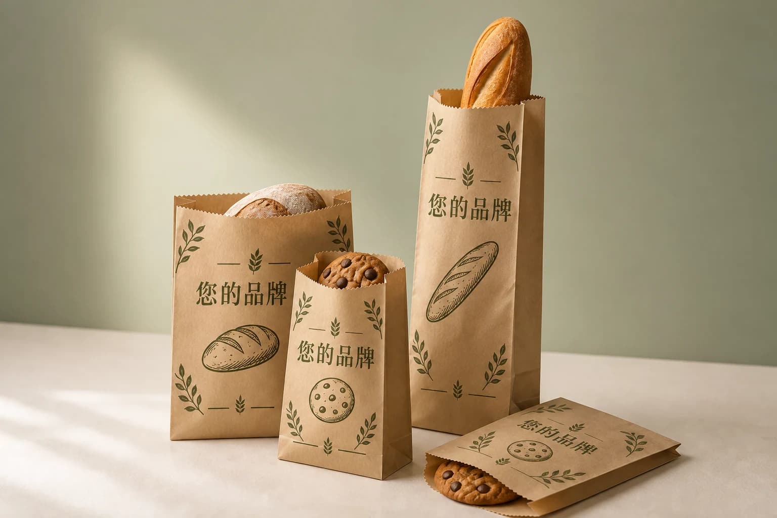 麵包與餅乾紙袋外側的品牌及烘焙圖案印刷示意