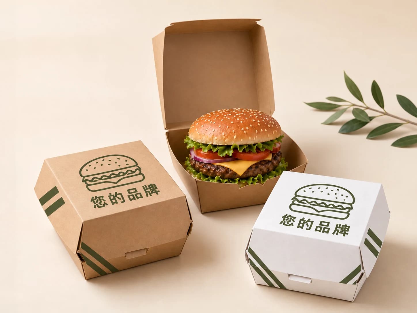外帶翻蓋紙盒外側與盒蓋上的品牌印刷示意
